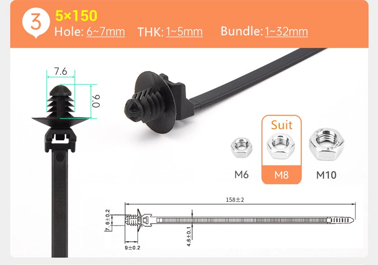 Fir Tree Type Plastic Pushing Mounts Zip Ties