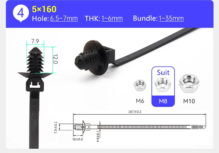 Fir Tree Type Plastic Pushing Mounts Zip Ties