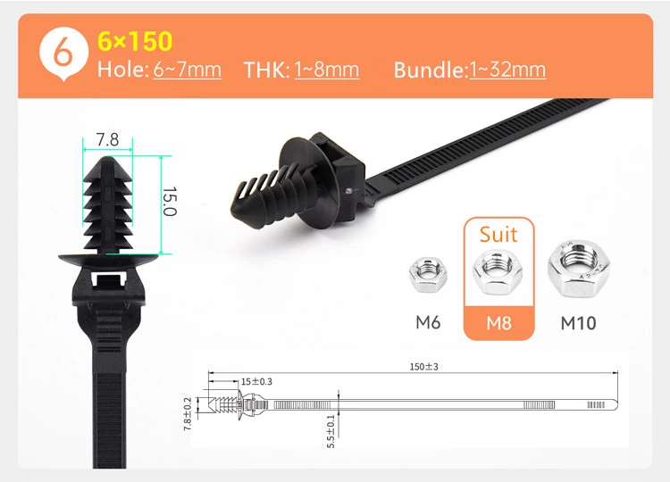 Fir Tree Type Plastic Pushing Mounts Zip Ties